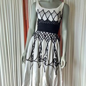 Vintage Miss Elliette Cocktail Dress Flared White Linen Black Embroidery XS